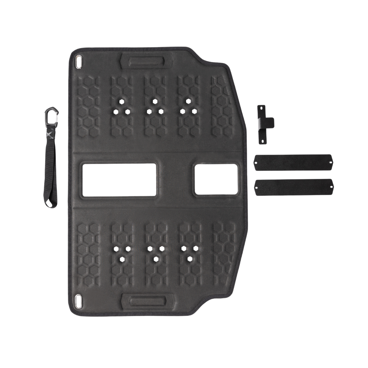 The GUNNER COLD WEATHER DOOR COVER is a black, rectangular panel with hexagonal detailing, two rectangular cutouts, small holes, and four metal mounting accessories—all shown on a white background.