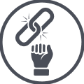 A black and white icon of a raised fist below a breaking chain link, both enclosed in a circle, symbolizing breaking free or overcoming barriers—perfect for outdoor gear enthusiasts and those with the spirit of a hunting dog.