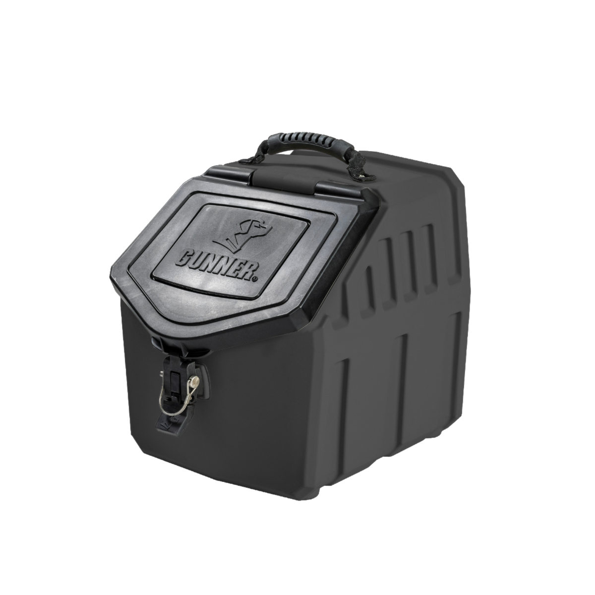 The GUNNER FOOD CRATE - Black is a hard-sided, odor-proof dog food container with a hinged lid, secure latch, carrying handle, and recessed lid featuring the GUNNER name and logo—keeping your dog’s kibble fresh and protected.