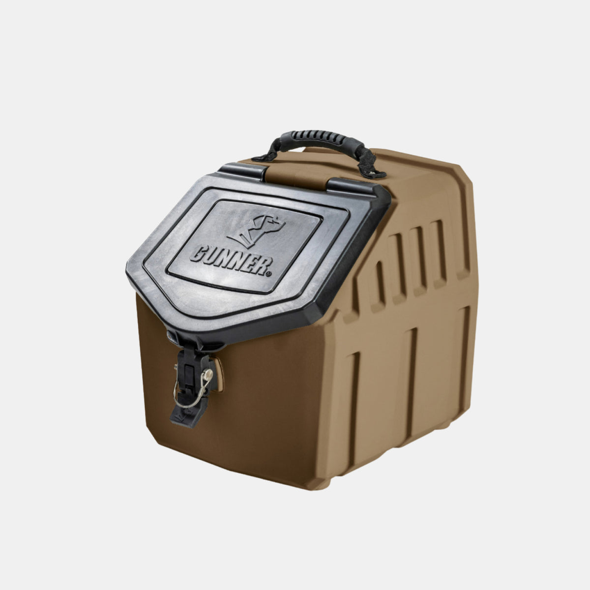 A tan and black hard plastic GUNNER FOOD CRATE - Cheyenne Bottoms pest-proof dog food container with a secure latch and top handle, featuring the GUNNER brand name embossed on the lid.