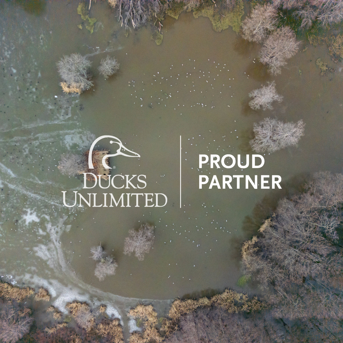 Aerial view of a flooded wetland with many ducks swimming, surrounded by trees and a dog kennel nearby. The Ducks Unlimited logo and the words “Proud Partner” are overlaid on the image.