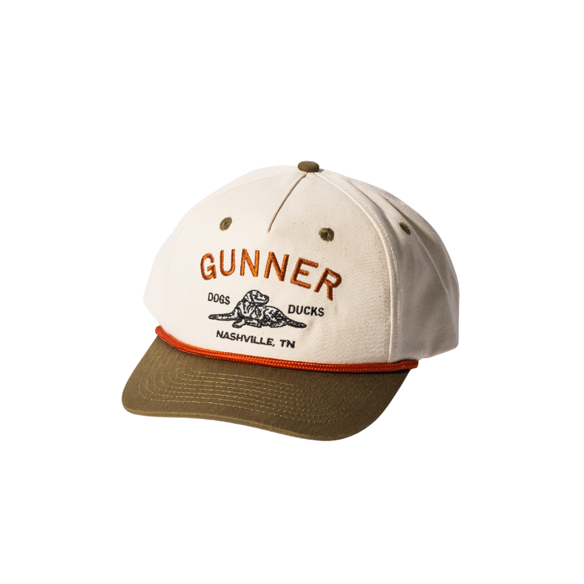 The GUNNER D & D Rope Hat is cream with a green bill, rust rope trim, orange GUNNER embroidery above a dog graphic and DOGS DUCKS NASHVILLE, TN in black.