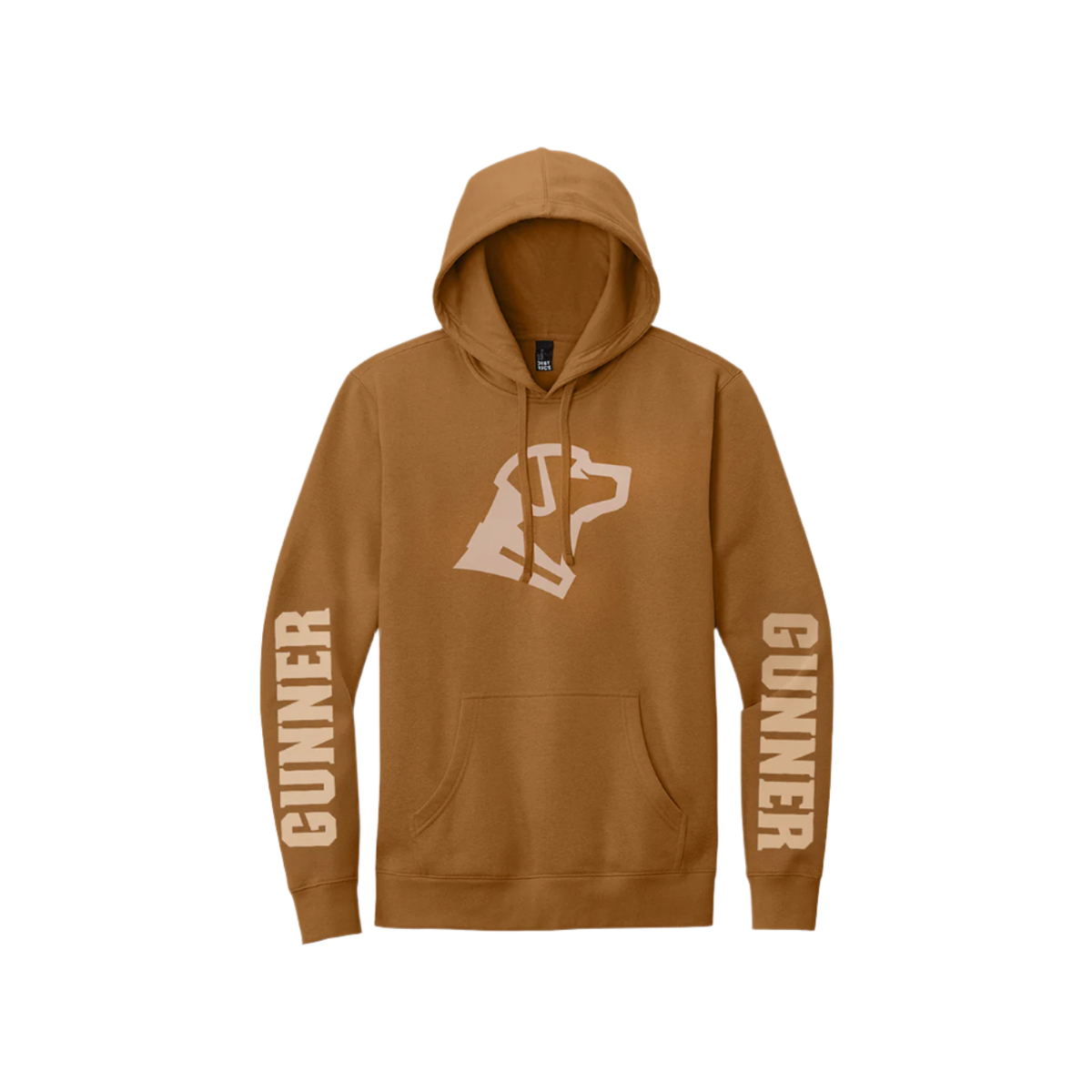 The GUNNER Dog Hoodie by GUNNER features a brown design, white abstract graphic on the chest, bold GUNNER prints on both sleeves, a front pocket, and drawstring hood for comfort and style.
