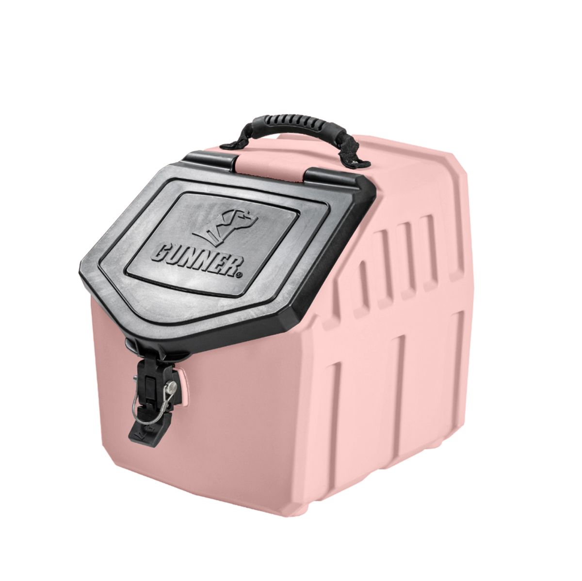 The GUNNER FOOD CRATE by GUNNER is a pink, hard-shell dog food storage container with a black hinged airtight lid, textured handle, and latch closure. Embossed with a dog silhouette and GUNNER. Made in America for quality.