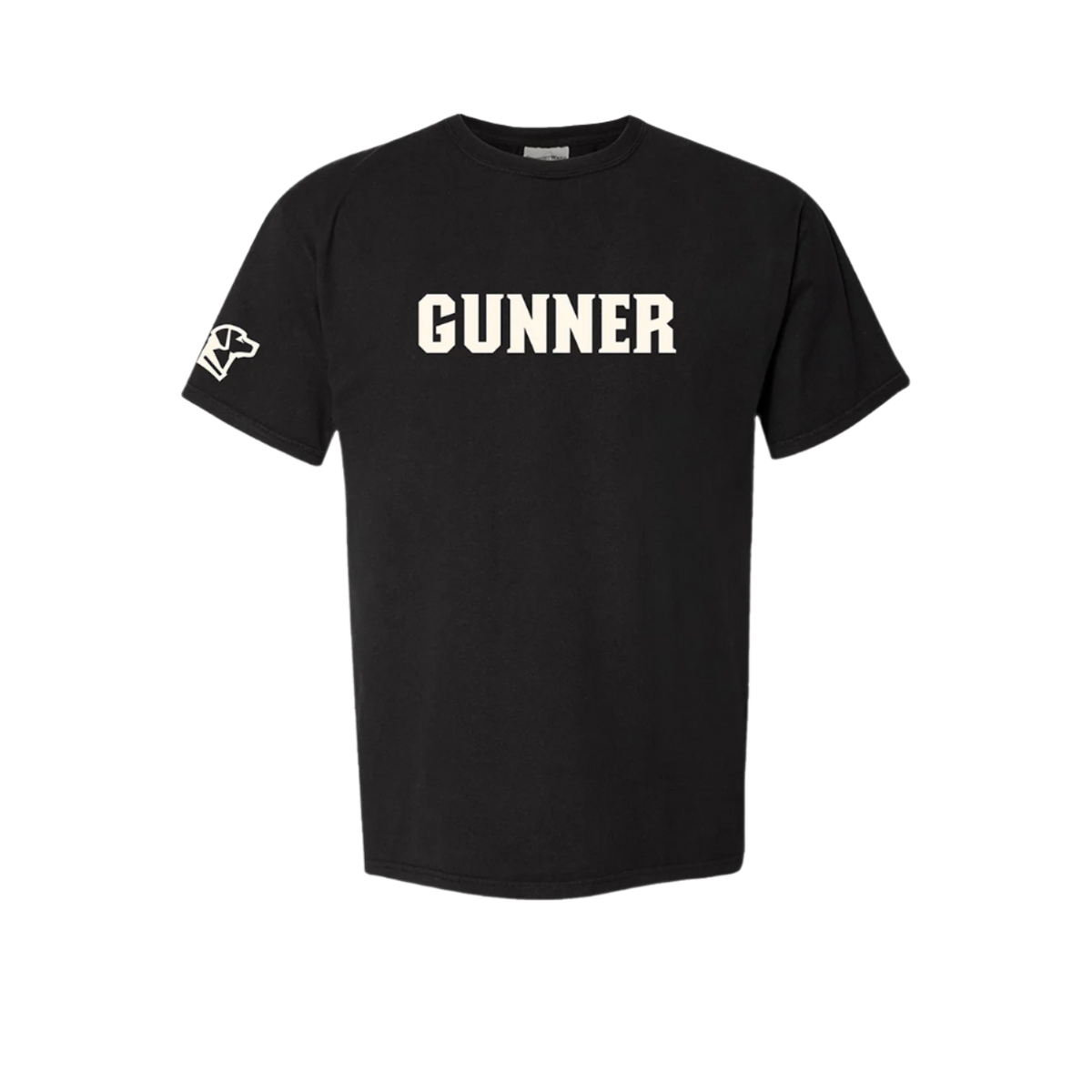 The GUNNER Tee by GUNNER is a black t-shirt featuring bold white GUNNER text on the chest and a striking white graphic on the left sleeve.