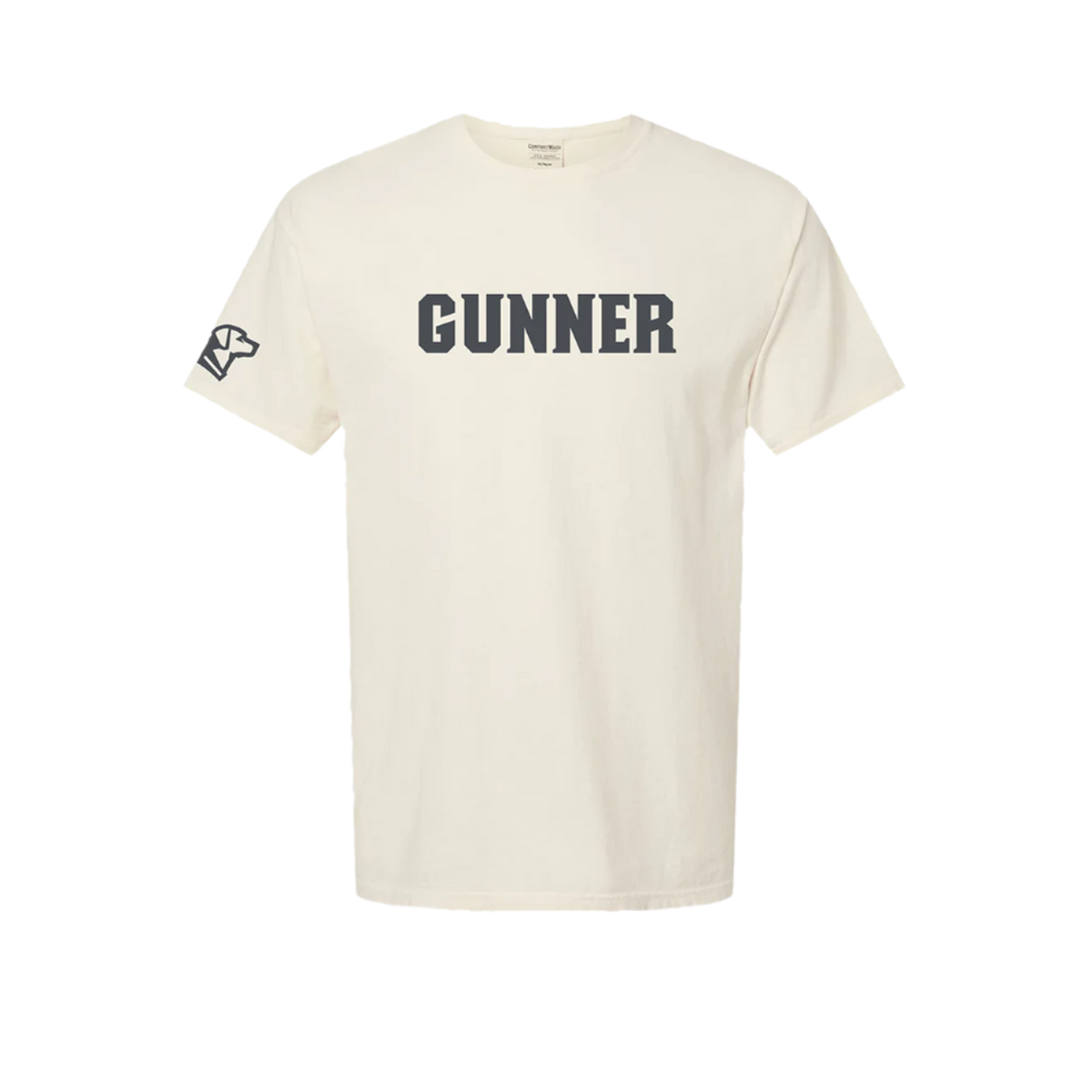 The GUNNER Tee by GUNNER features bold gray GUNNER lettering on an off-white shirt and a stylized logo on the right sleeve—a must-have for effortless style.