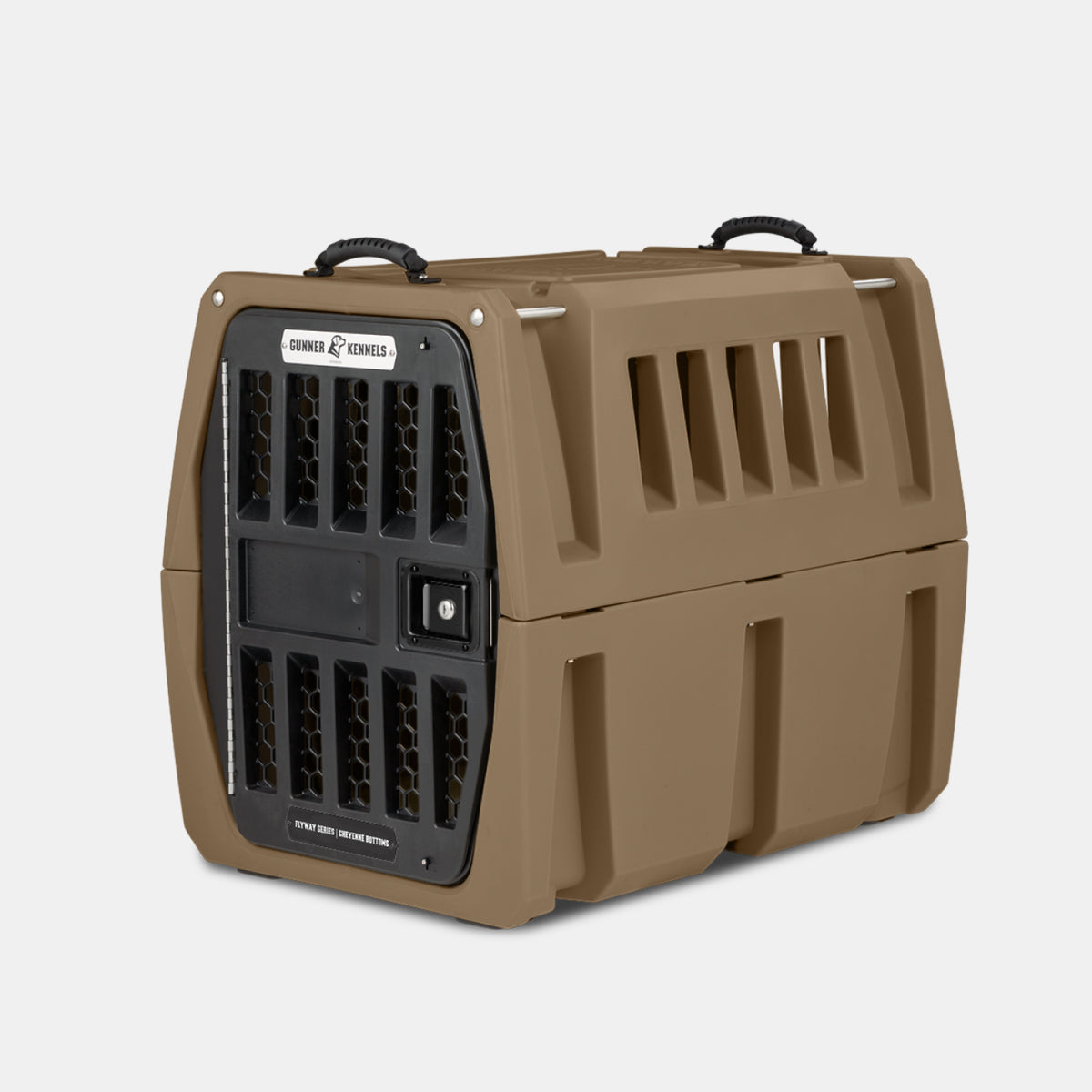 The GUNNER G1™ KENNEL - Cheyenne Bottoms is a durable brown plastic pet crate featuring two top handles and a black ventilated front door, designed for safely transporting animals—ideal for road trips along the Central Flyway or excursions to Cheyenne Bottoms.