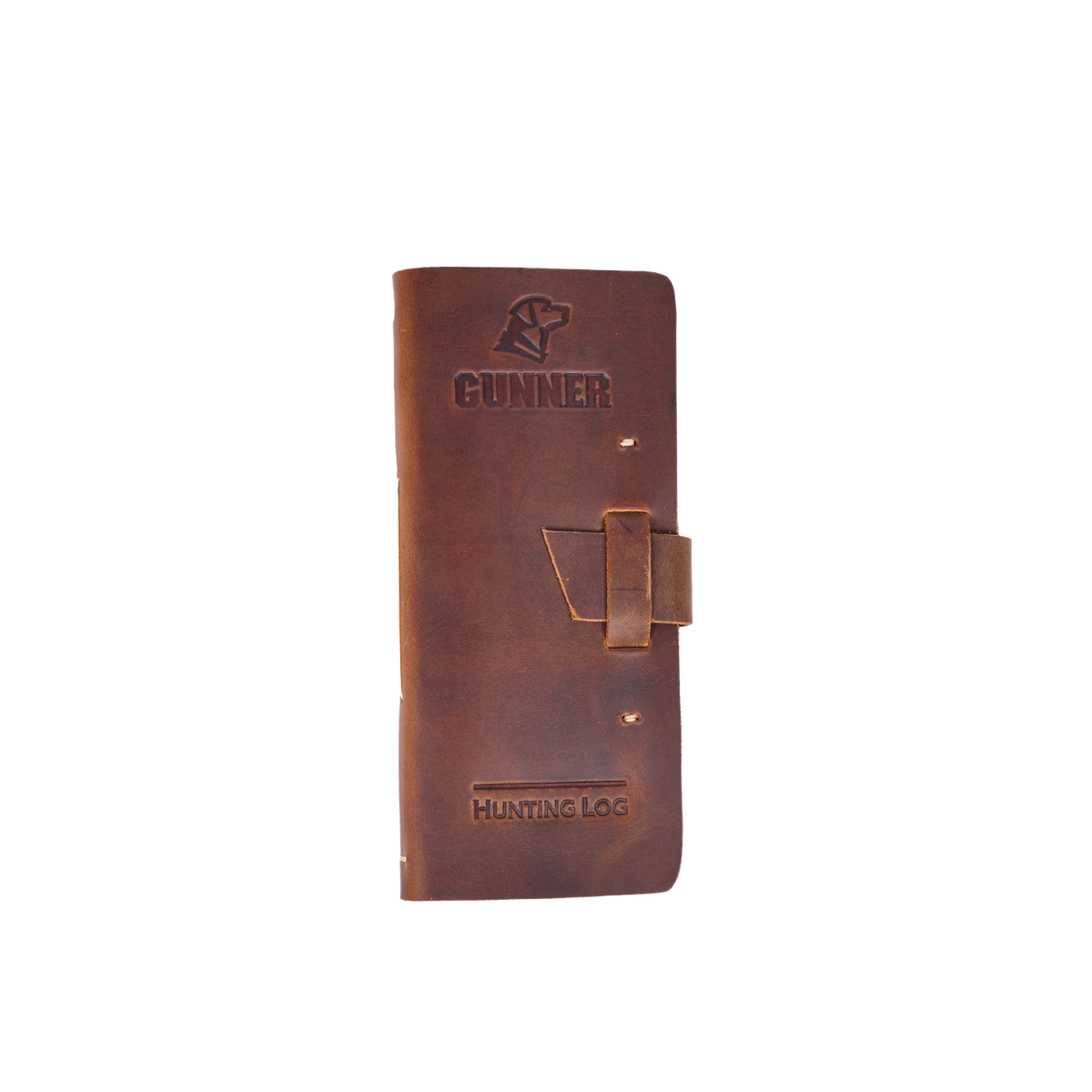 The GUNNER Hunting Log by GUNNER is a brown leather journal with GUNNER and HUNTING LOG embossed on the cover, finished with a simple leather strap closure.
