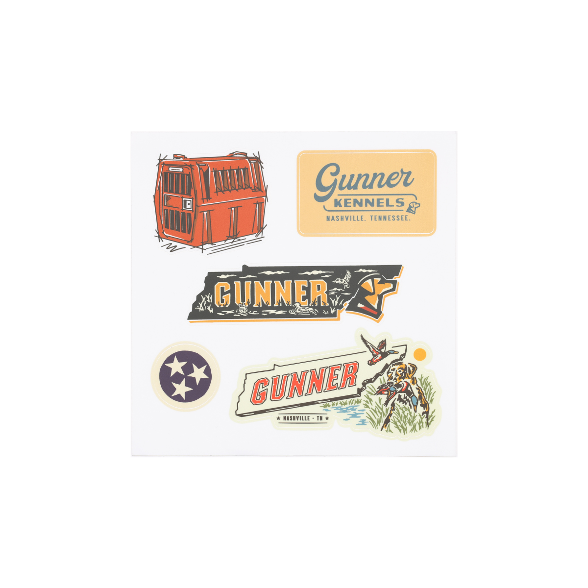 The GUNNER NASHVILLE STICKER PACK includes five vibrant slap stickers: a red dog kennel, two “Gunner” logos, a Tennessee tri-star, and a Nashville dog-and-sun design—displayed on white.