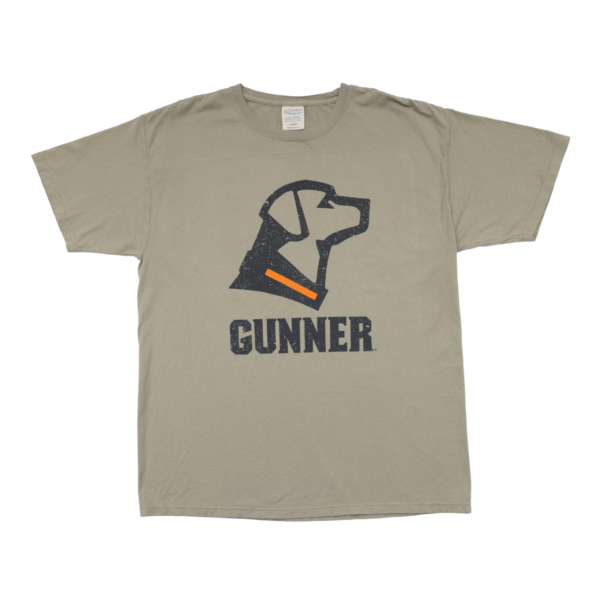 The OG TEE SHIRT by GUNNER is a khaki crewneck featuring a black dog head graphic with an orange collar above bold GUNNER text. Made from soft 100% cotton for lasting comfort.