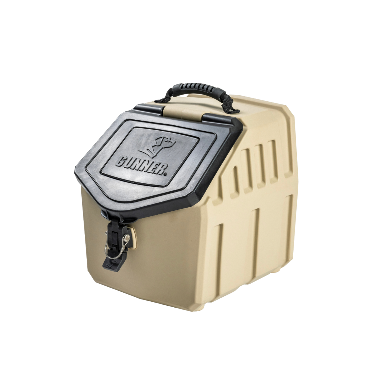 The GUNNER FOOD CRATE - TAN by GUNNER is a rugged, waterproof beige dog food container with a black hinged lid featuring the Gunner logo, a carrying handle, and sturdy front latch, shown on a plain white background.