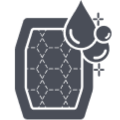 A simple icon of a mesh filter with water droplets and sparkling stars, indicating washing or cleaning—perfect for maintaining a clean kennel for your working dog.