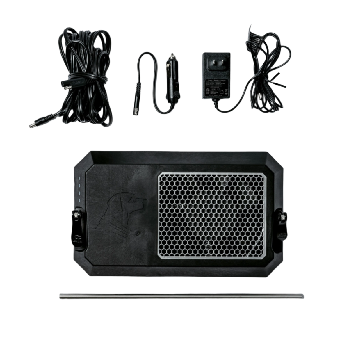The GUNNER FAN KIT—a black, rectangular weatherproof dog fan with metal mesh—comes with a power adapter, car adapter, coiled cable, and metal rod; its an essential accessory for your GUNNER kennel, shown here on a white background.