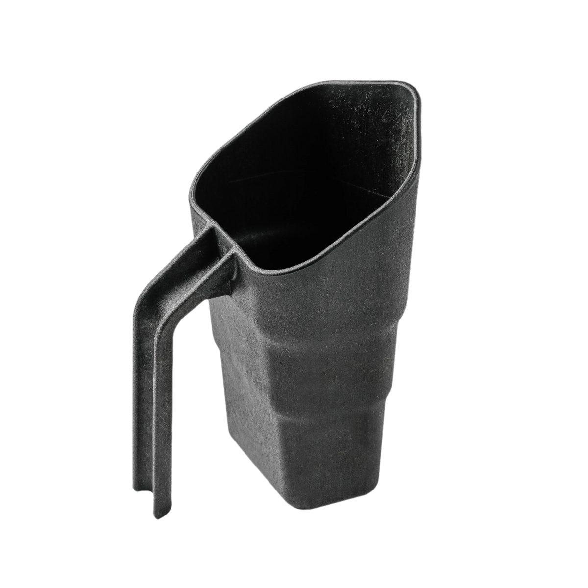 The GUNNER FOOD SCOOP is a durable, black plastic measuring cup with an angular design, straight handle, and rectangular base—ideal for scooping dog food against a plain white background.