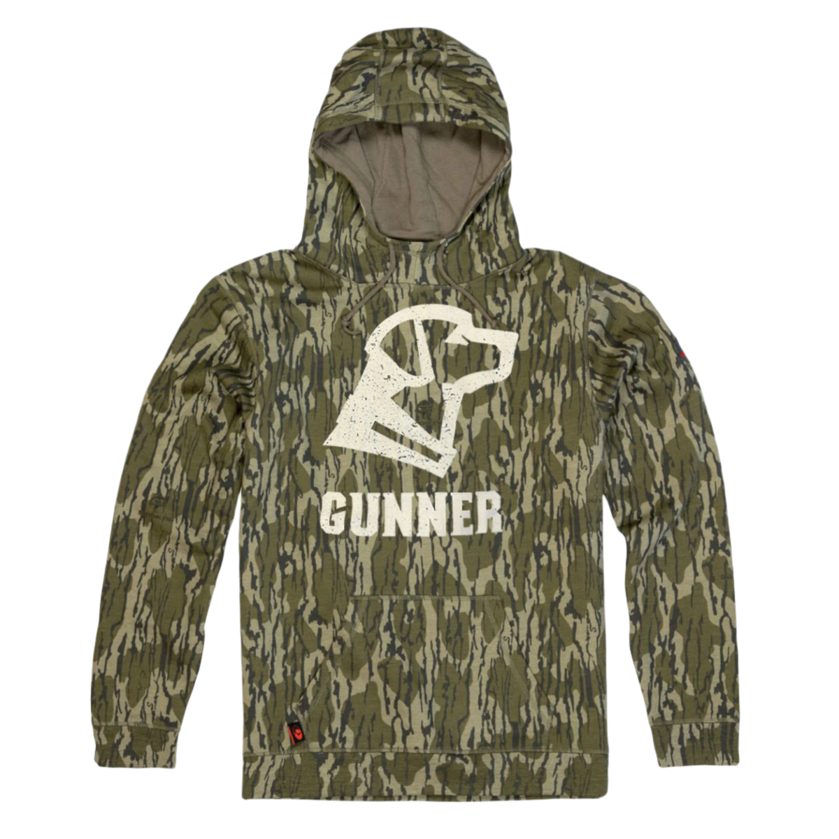 The GUNNER BOTTOMLAND HOODIE is a vintage camo sweatshirt with a bold white dog profile and GUNNER on the front, featuring Mossy Oak Original Bottomland pattern, long sleeves, and no visible pockets.