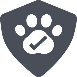 A dark gray shield-shaped icon with a white paw print in the center. Inside the paw print is a check mark symbol, representing pet safety or approval for outdoor gear or hunting dog use.