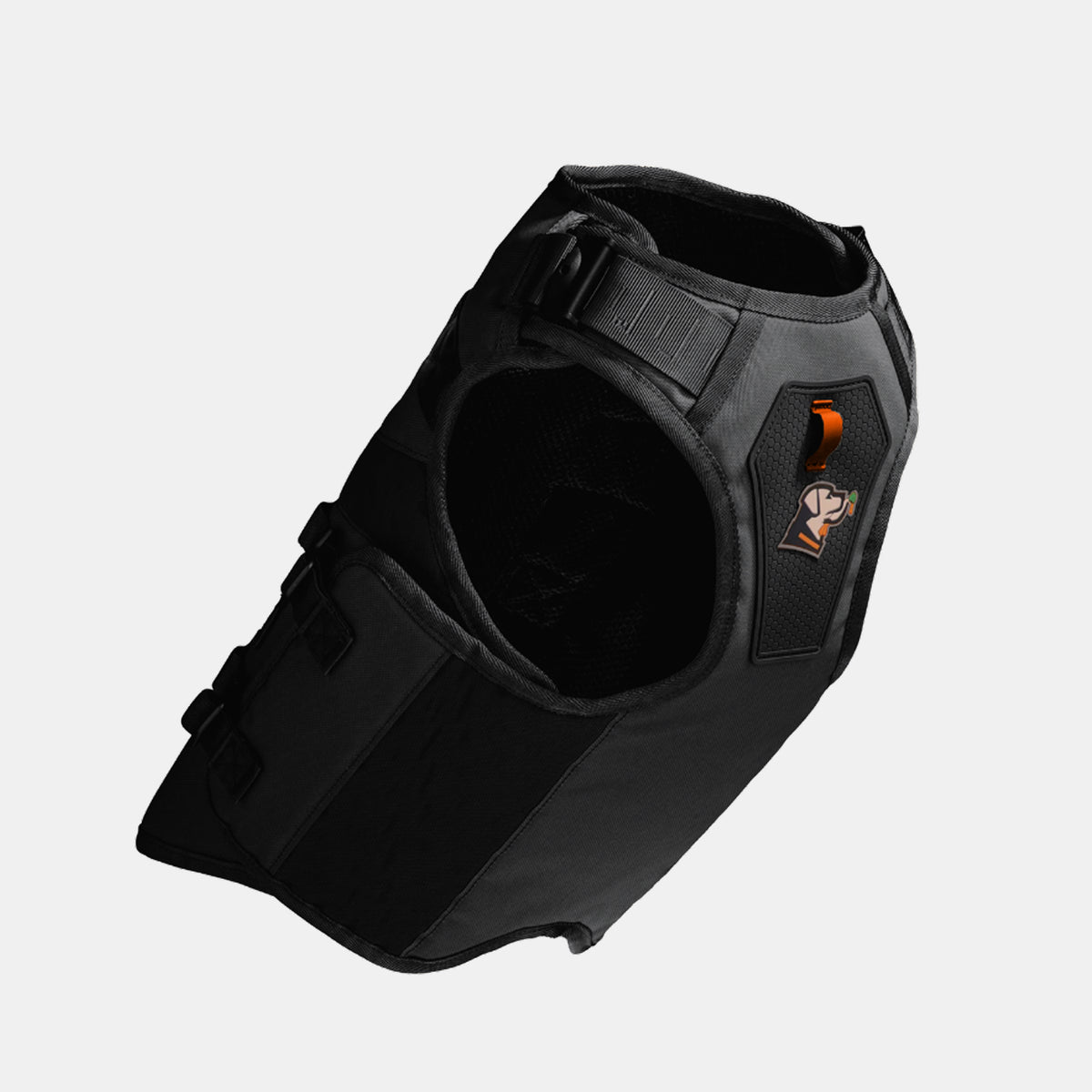 The GUNNER x 2F.7 Waterfowl Dog Vest by GUNNER is a black, padded tactical vest with adjustable straps, a top handle, and an orange and white logo on the side, displayed against a plain white background.
