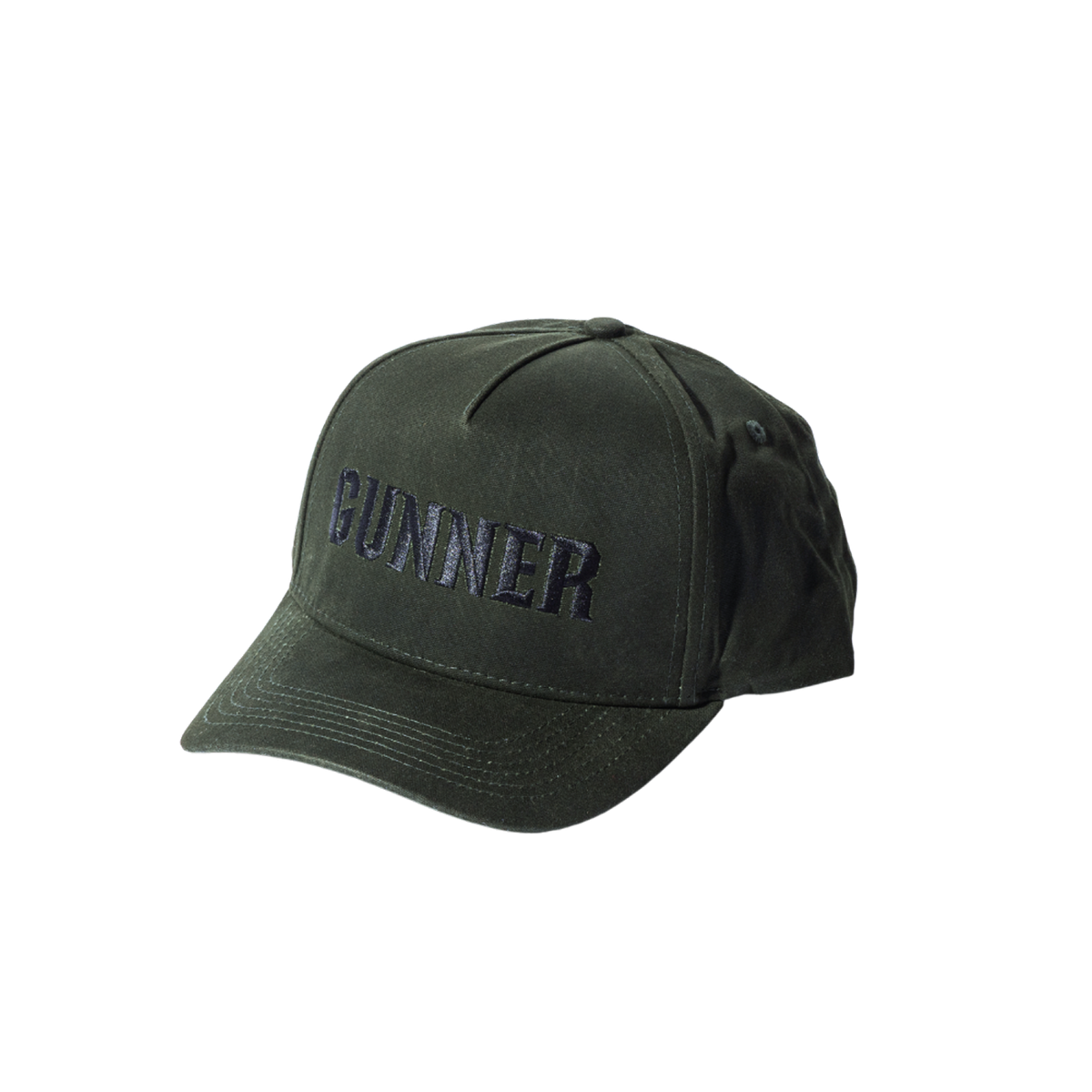 The GUNNER Waxed Hat, a dark green cap with GUNNER embroidered in black on the front, is shown against a plain white background.