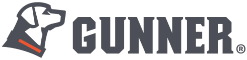 Logo featuring a stylized dog head in profile with an orange collar, next to the word GUNNER in bold, uppercase gray letters—a perfect fit for a hunting dog kennel brand.