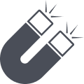 A simple gray horseshoe magnet icon with two poles, each emitting three lines indicating magnetic force—perfect for labeling a working dog crate. The background is light gray.