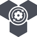 A gray icon with a gear in the center, surrounded by two circular arrows, set against three connected hexagonal shapes, symbolizing process, workflow, integration, or organizing outdoor gear like a dog kennel or crate.