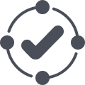 A dark gray checkmark inside a circle, with four dots evenly spaced along the circle’s outline, on a light gray background—ideal for marking quality outdoor gear or reliable working dog accessories.