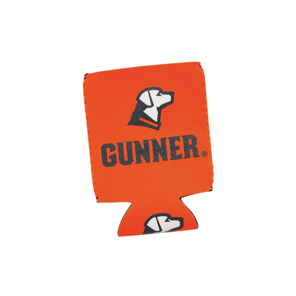 The GUNNER KOOZIE - Orange by GUNNER features bold blaze orange neoprene, the word GUNNER, and a black and white dog head logo, with a smaller version of the logo near the base.