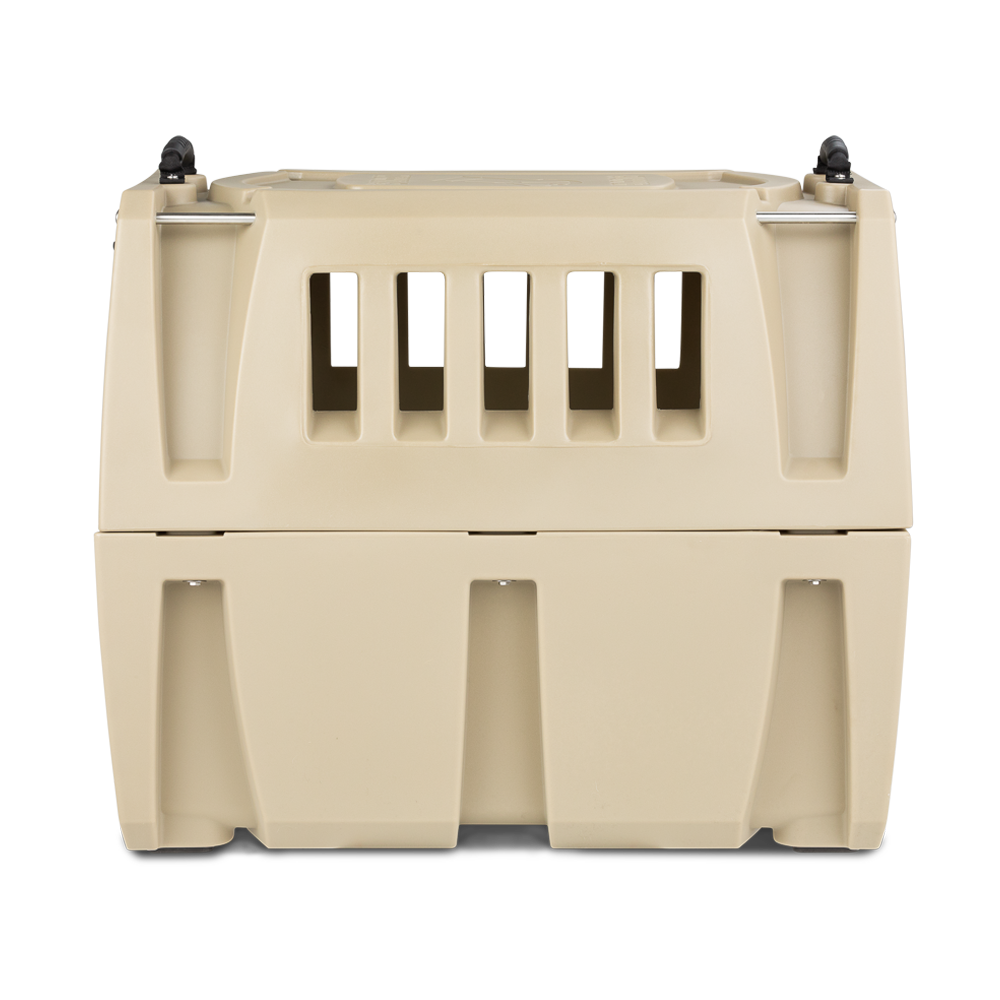 The GUNNER G1™ KENNEL - TAN is a double-walled plastic pet carrier with a solid base and vented upper featuring vertical slats for shock protection, displayed against a plain white background.