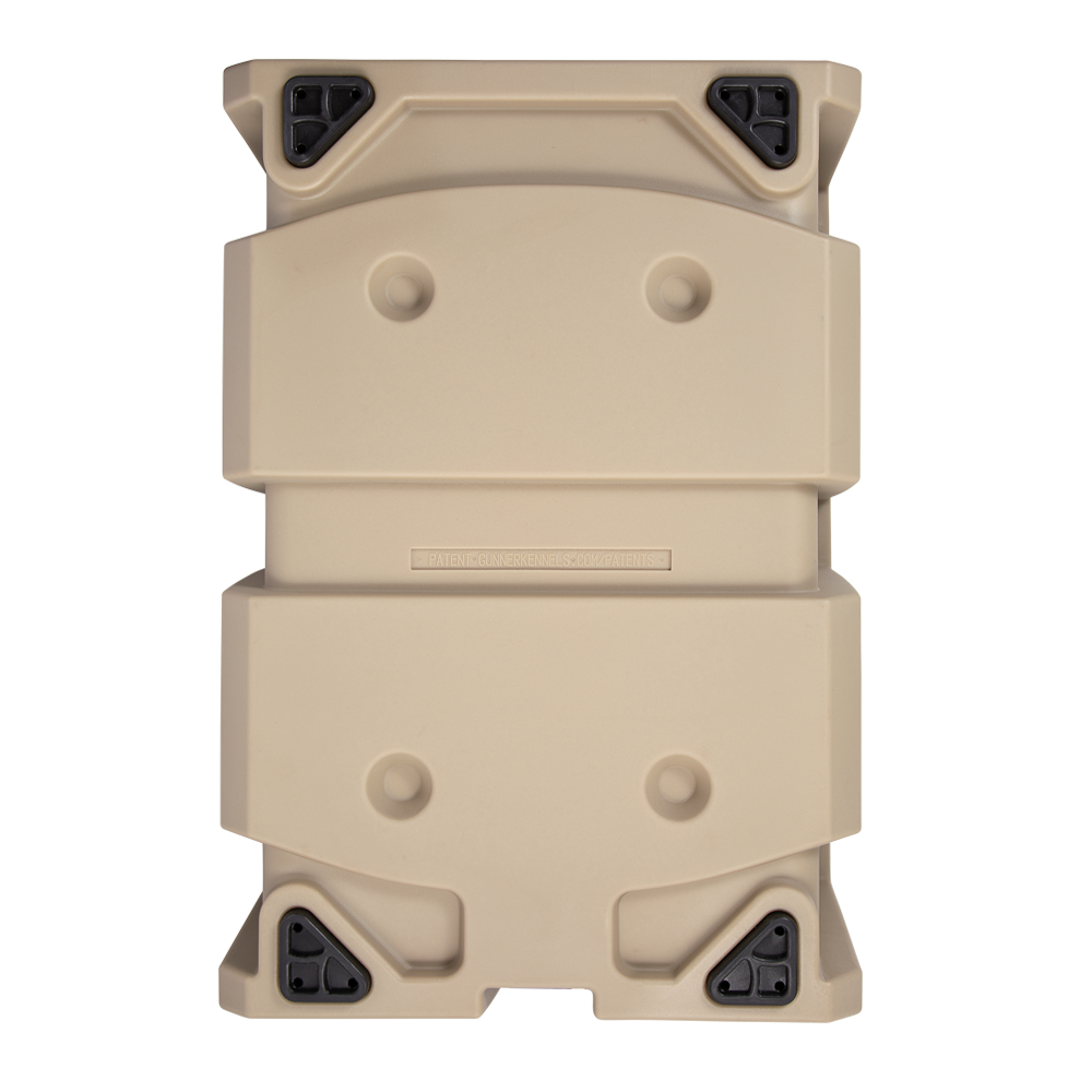 The GUNNER G1™ KENNEL - TAN features a top view of its rectangular, double-walled design with black reinforced corner protectors. Indents and raised sections boost durability, making it one of the safest dog crate options available.