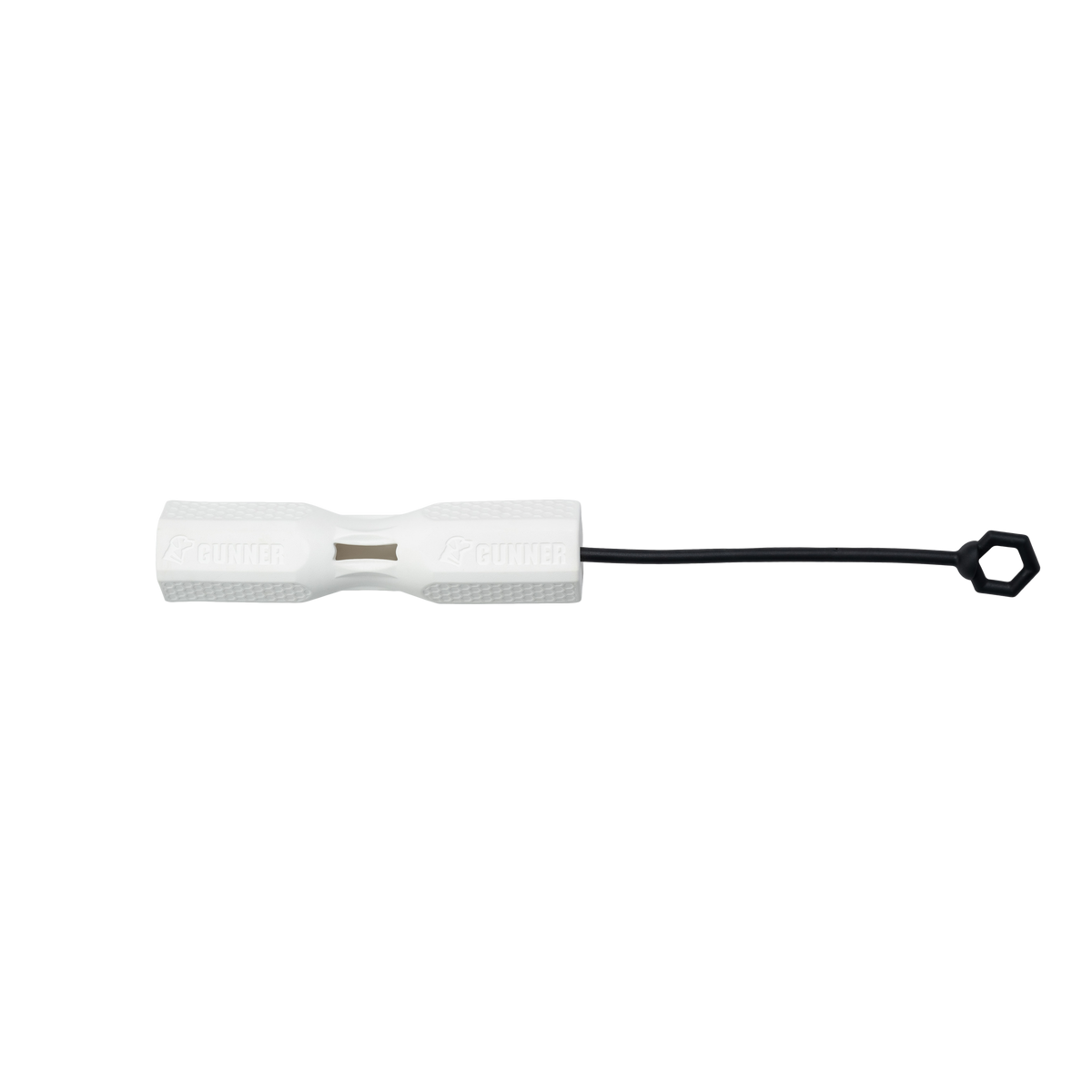 The GUNNER BUMPER by GUNNER is a white, cylindrical dog chew toy with textured sides, a black elastic loop ending in a hexagonal ring, and a central hole. Designed to strengthen your bond with your dog, it’s shown on a plain white background.