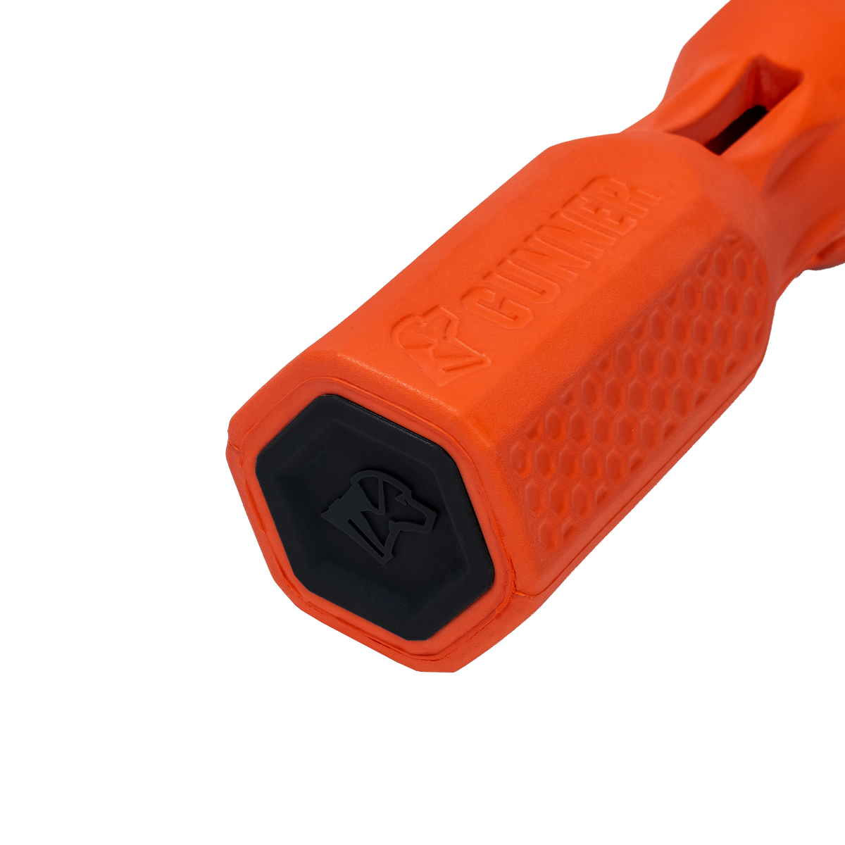 Close-up of the GUNNER BUMPERs orange handle with a honeycomb texture, hexagonal black end, and embossed GUNNER logo. This quality training tool helps you enjoy more meaningful time bonding with your dog.