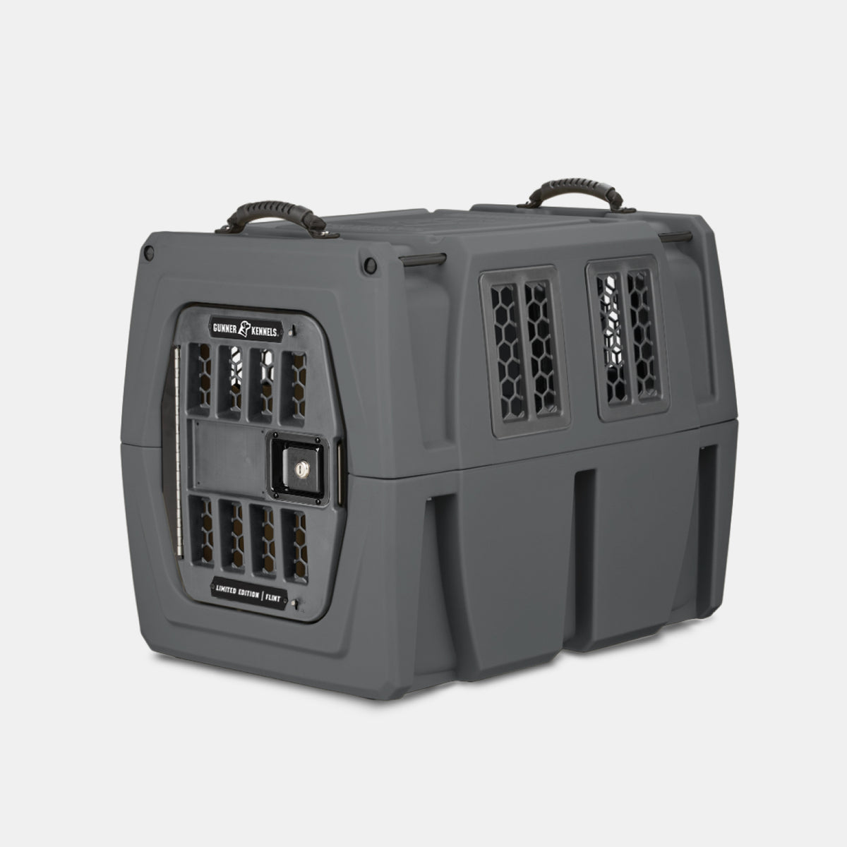A sturdy, dark gray dog crate with air vents, secure door, and two handles on top, this kennel is designed for safely transporting animals and makes an excellent addition to your outdoor gear.