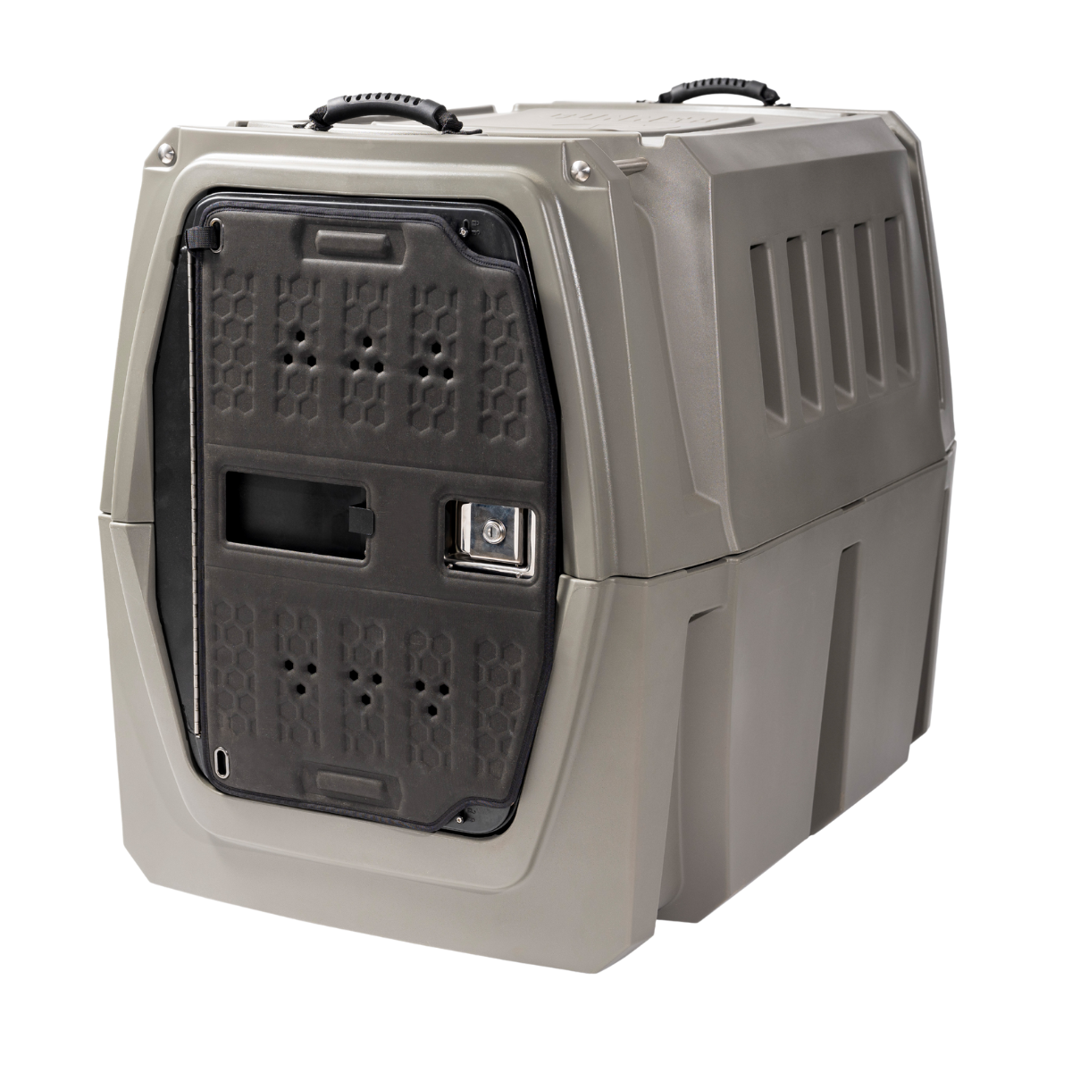 The GUNNER COLD WEATHER DOOR COVER is a durable, gray plastic accessory with a ventilated black front door, handle, and metal latch, crafted with thermoformed foam for secure animal transport.