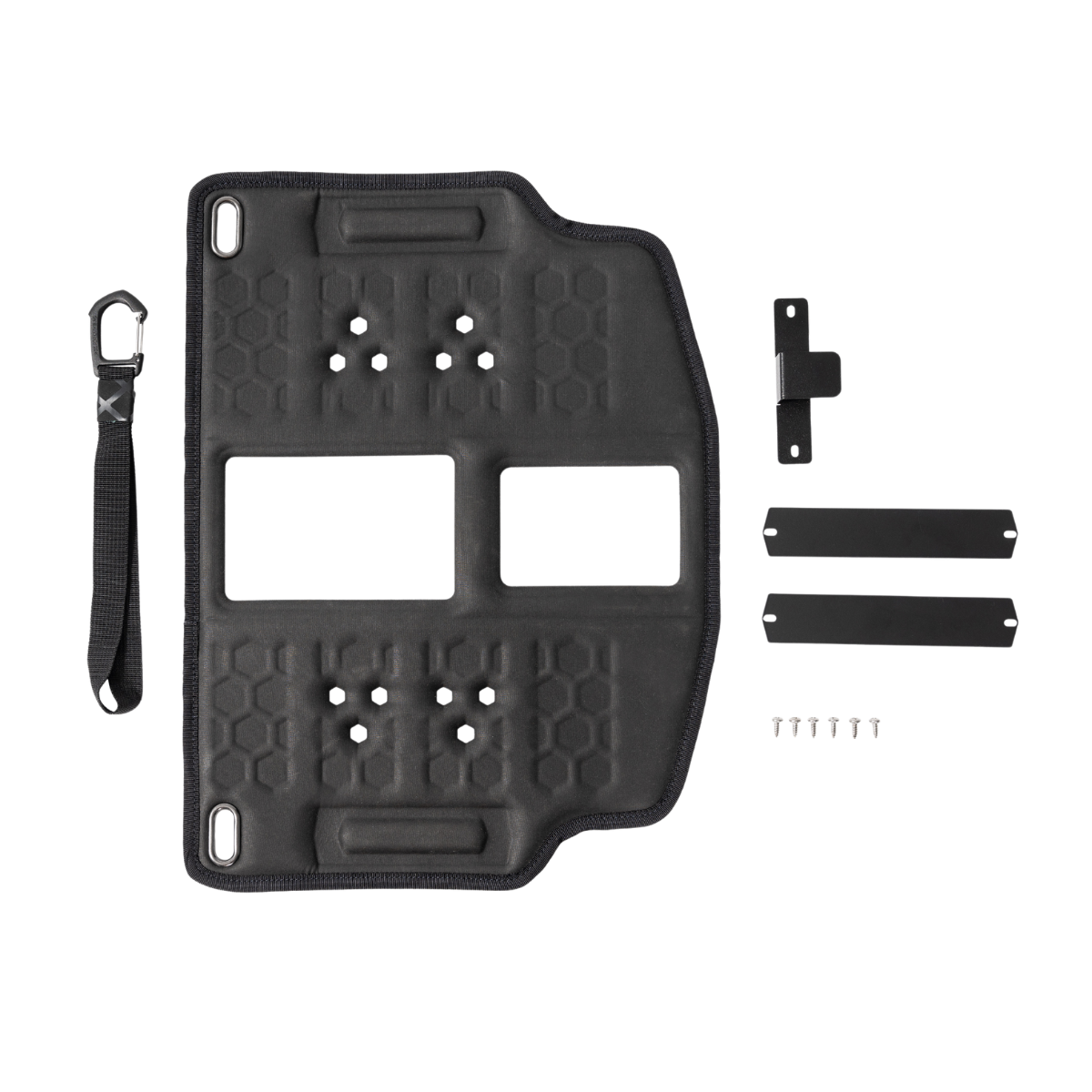 The GUNNER COLD WEATHER DOOR COVER features a black hex-patterned, thermoformed foam panel with two rectangular cutouts, plus strap, hook, two black bars, bracket, and six screws—perfect for your kennel.
