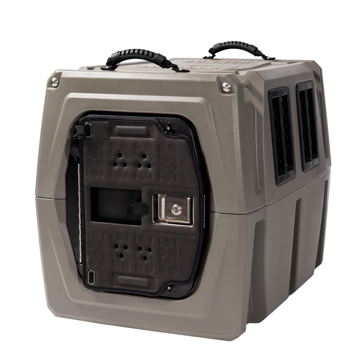 The sturdy gray GUNNER kennel features a secure black door with metal latch, side ventilation windows, top carrying handles, and is compatible with the GUNNER COLD WEATHER DOOR COVER for extra insulation.