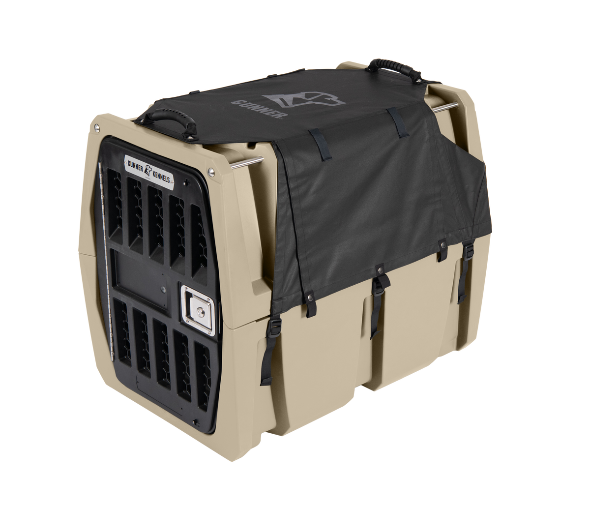 The GUNNER ALL-WEATHER KIT 2.0 is a beige hard-sided pet crate with a black waterproof cover for UV protection, secure latch, ventilated black front door, and carrying handles—designed for safe animal transport in any weather.