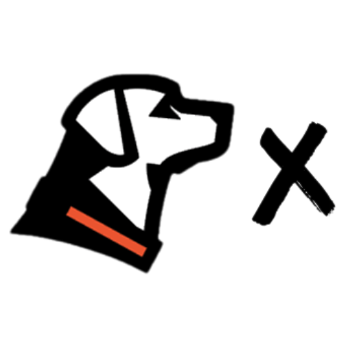 A simple black and white working dog head illustration with an orange collar, facing right, next to a bold black X mark on a light gray background.