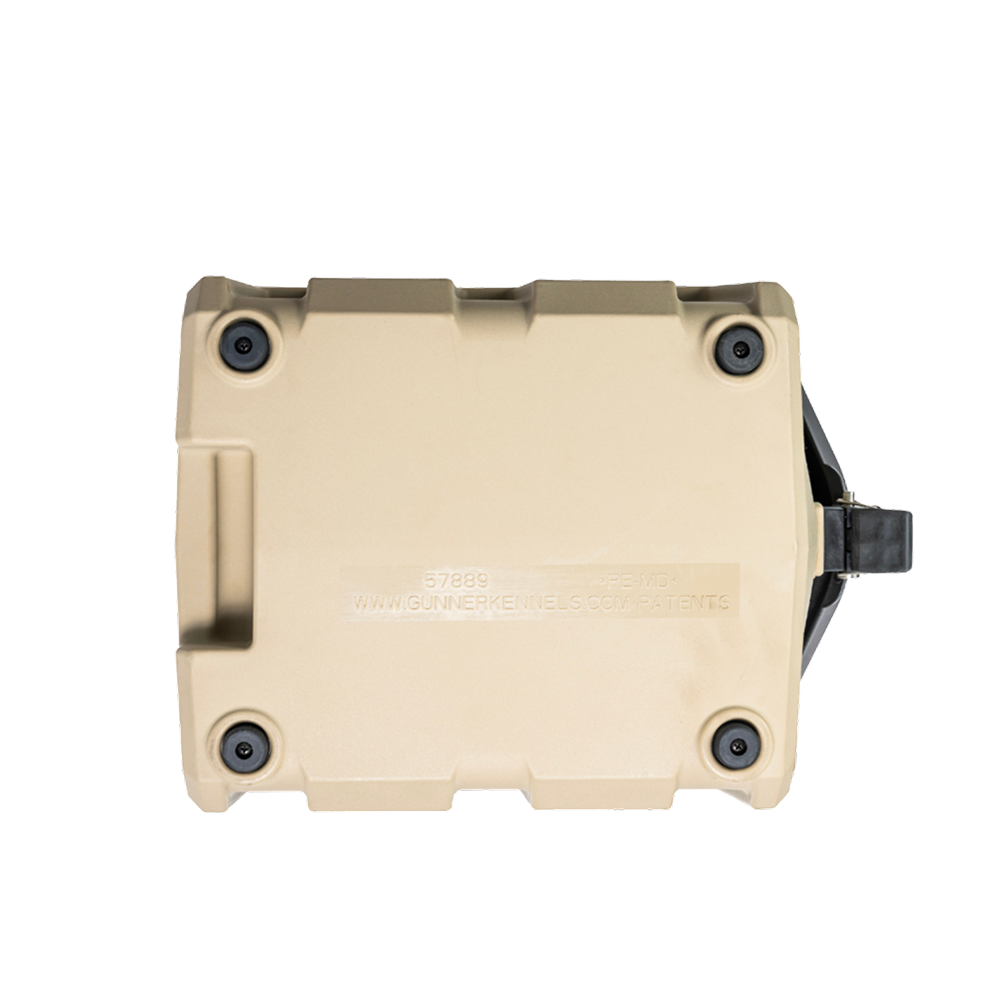 The GUNNER FOOD CRATE - TAN by GUNNER is a tan, rectangular waterproof hard plastic crate with rounded corners, four black screws, and a black handle on one side, shown from above against a white background.