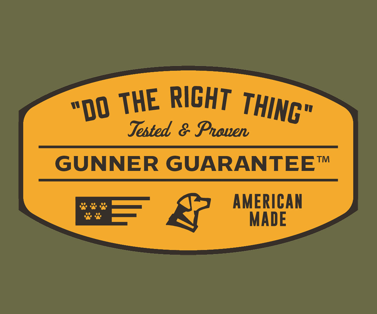 A yellow badge with black text reads: “Do the right thing” Tested & Proven, GUNNER GUARANTEE™, with icons of an American flag with paw prints, a dog kennel, and the words “AMERICAN MADE.”.