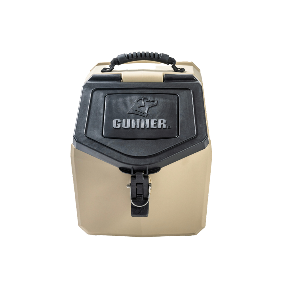 The GUNNER FOOD CRATE - TAN is a hard-sided, beige and black dog food container by GUNNER, featuring a sturdy handle, latch, and embossed dog logo—engineered to be pest proof for secure pet food storage.