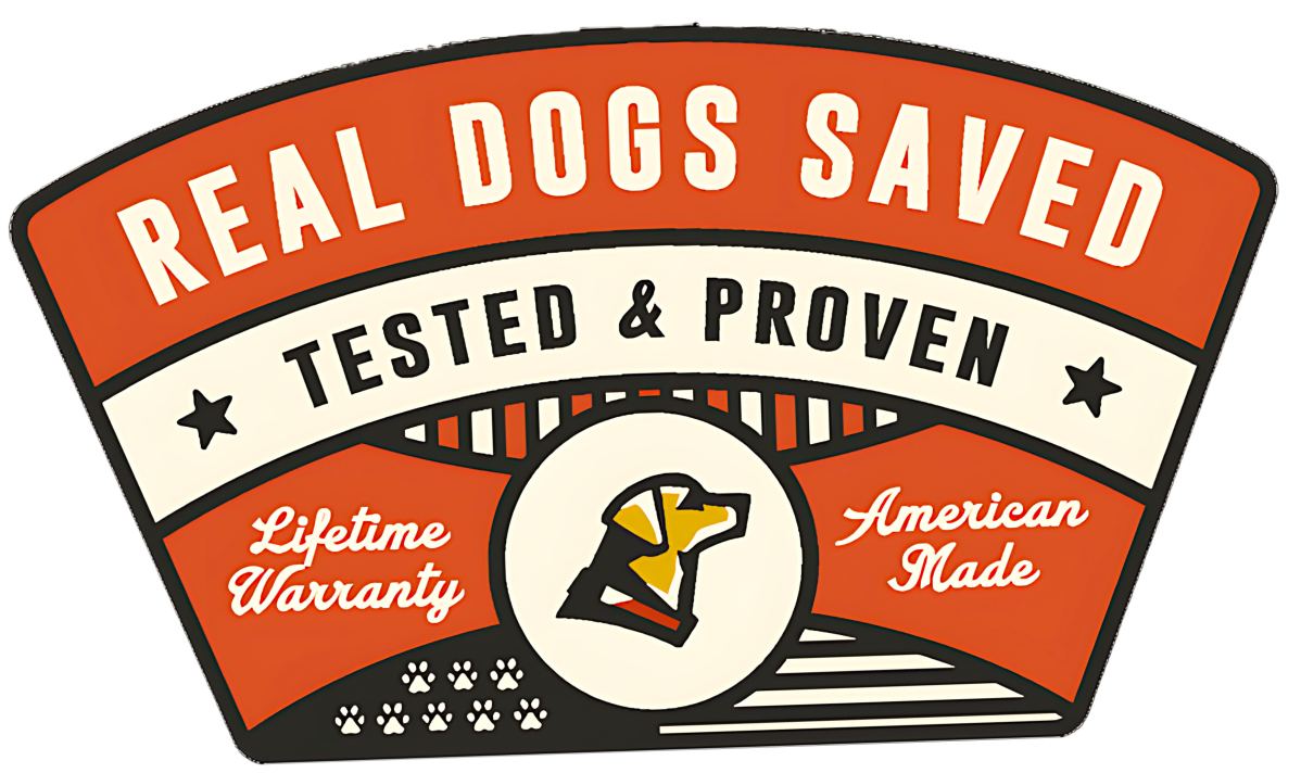 A vintage-style badge with text: REAL DOGS SAVED, TESTED & PROVEN, Lifetime Warranty, American Made, plus a hunting dog head illustration at the center—perfect for showcasing trusted outdoor gear. Paw prints decorate the bottom.