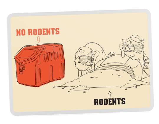 Illustration showing a secure red trash bin labeled No Rodents, with two raccoons rummaging through an unprotected trash pile labeled Rodents—perfect for highlighting how quality outdoor gear or a well-placed kennel keeps your space safe and clean.