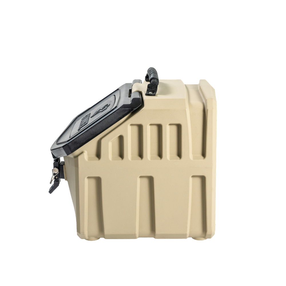 The GUNNER FOOD CRATE - TAN by GUNNER is a rugged, rectangular pet food container with a textured beige surface, black handle, and zippered lid. Shown side view against a white background.