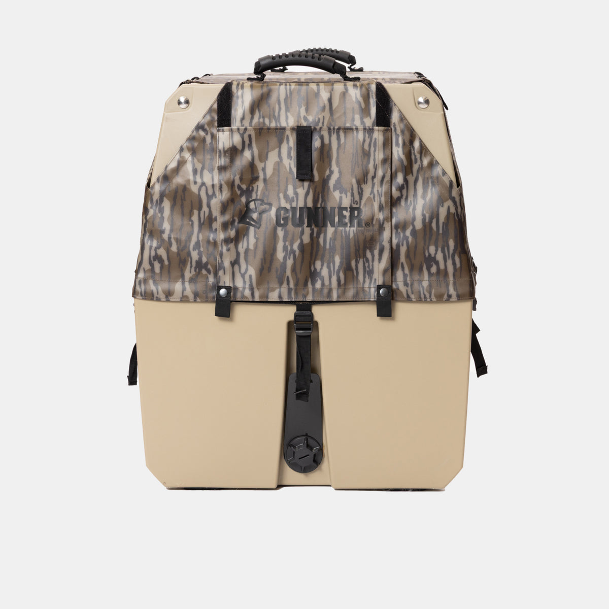A tan, camouflage-patterned hard-sided cooler or storage box featuring a black top handle and the GUNNER logo on the front, the ALL-WEATHER KIT 2.0 MOSSY OAK BOTTOMLAND by GUNNER is engineered with UV protection to endure even the most challenging conditions.