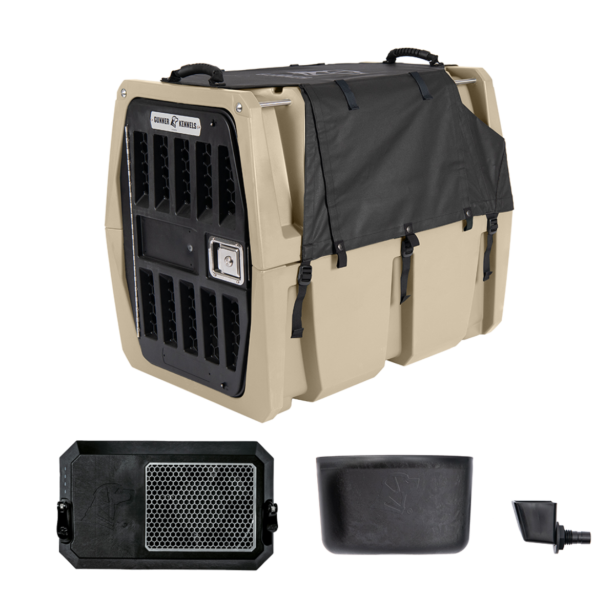 The GUNNER Accessories Bundle features a tan and black rugged dog crate with cover, shown with three accessories: a black mat, Kennel Bowl water bowl, and a small black attachment, all on a white background.