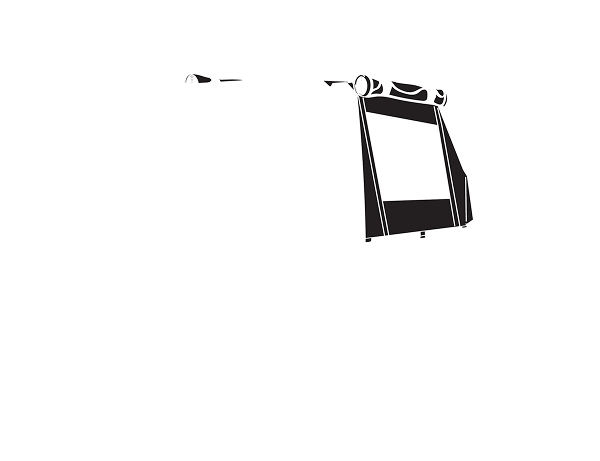 Outline illustration of a rectangular, hard-sided carrying case resembling an outdoor gear dog crate, with a handle on top and side latches, partially shaded in black against a plain light background.