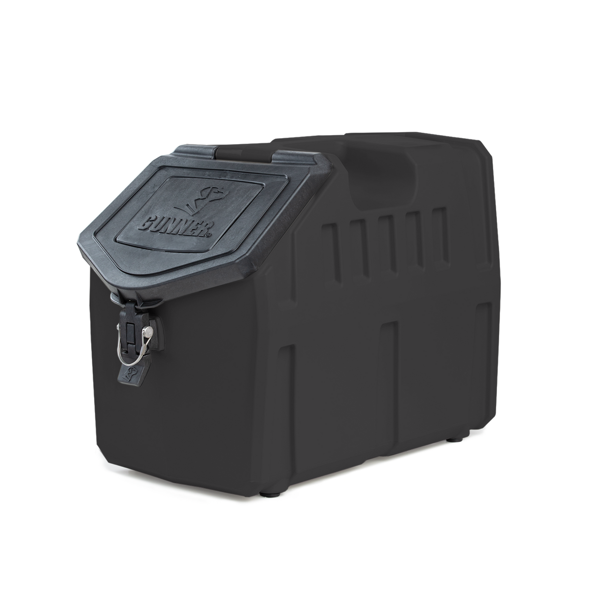 The GUNNER FOOD CRATE - Black by GUNNER is a heavy-duty plastic storage box with a hinged lid and secure latch, embossed with GUNNER—ideal as an odor-proof dog food container—shown on a plain white background.