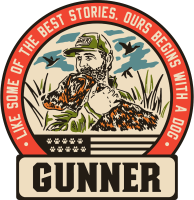 A bearded man wearing a cap hugs a dog outdoors with birds flying in the sky. The text reads, Like some of the best stories, ours begins with a dog crate. Below is the name GUNNER and a stylized American flag.