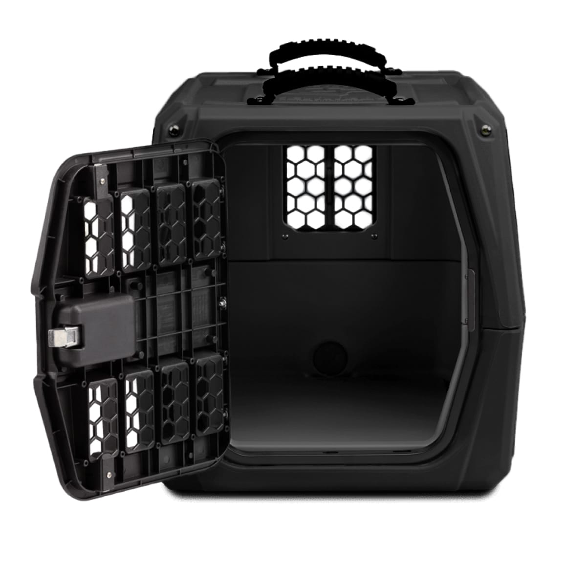 The GUNNER G1™ KENNEL - MOSSY OAK BOTTOMLAND BLACK is a durable black plastic dog crate with a grated side-opening door, honeycomb ventilation on the back wall, and a top handle for easy carrying. The tough crate is empty.
