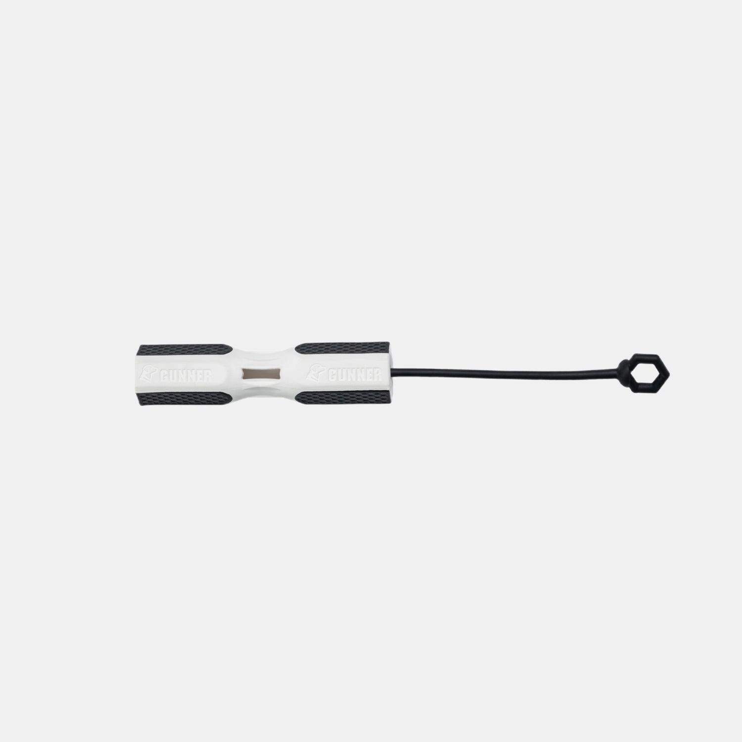 The GUNNER BUMPER by GUNNER is a white and black cylindrical training tool featuring textured grips and a black looped cord attached to one end, displayed on a plain light background—ideal for anyone seeking better tools to maximize the valuable time spent strengthening their bond with their dog.